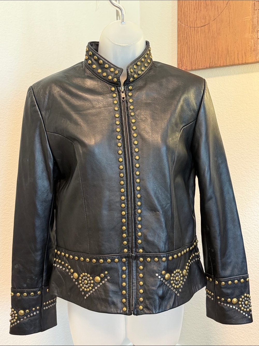 Scully - Women's Black Leather Studded Jacket - Brass Tone Detail